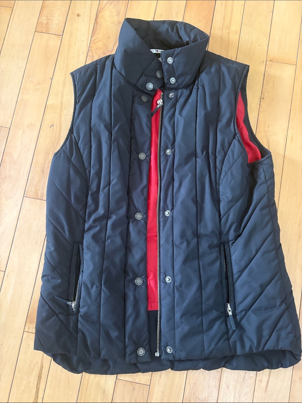 Vintage Quilted Sleeveless Puffer Vest - Black with Red Trim